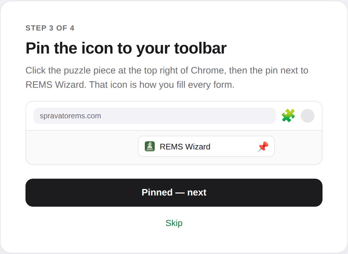 Setup page illustrating the puzzle piece and the pin next to REMS Wizard