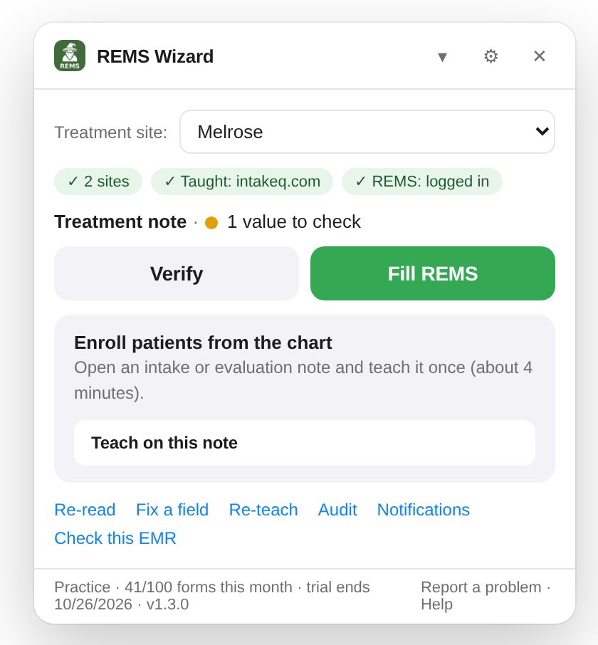 The widget on a treatment note with Verify and Fill REMS buttons
