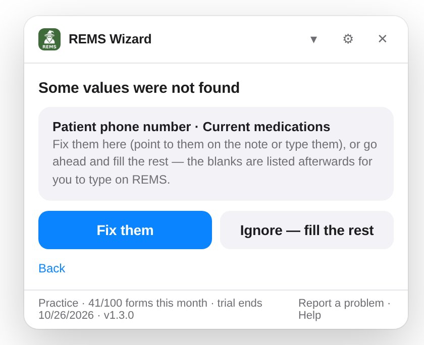 The card listing values that were not found, with Fix them and Ignore — fill the rest