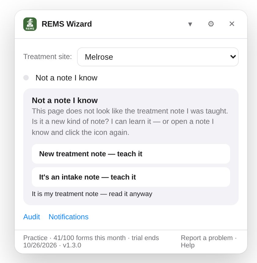 The widget saying Not a note I know with options to teach a new treatment or intake note